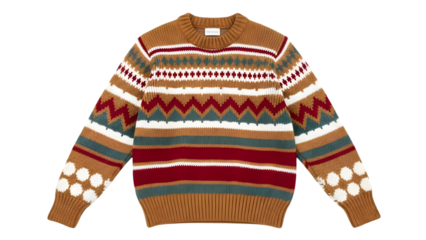 Vibrant multicolored knit sweater with pom poms on sleeves isolated on transparent background