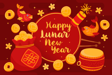Holiday card design for Lunar New Year, Chinese New Year. Lucky money bag, gold coins, drum, carp fish on red background. Symbol of wealth, prosperity.