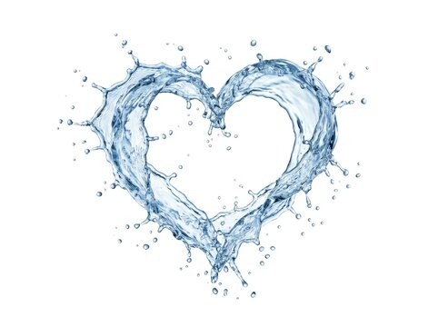 Vibrant blue water splash elegantly shaped into a perfect heart, symbolizing purity, vitality, and the essence of love and refreshment, isolated on a clean white background