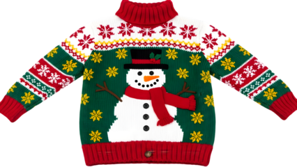 A green christmas sweater with a snowman design and red accents isolated on transparent background