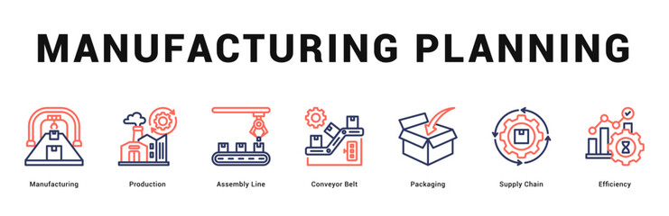 Obraz premium Manufacturing Planning Modern and clean web banner illustration featuring thematic icons for visual communication