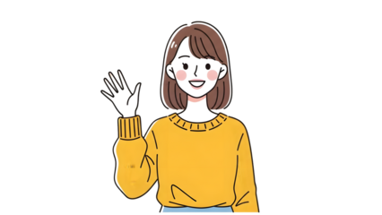A cartoon woman with brown hair wearing a yellow sweater waving her hand in greeting with a friendly smile on her face isolated on transparent background