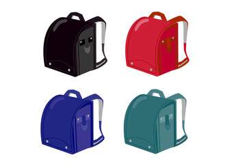日本の小学生用ランドセルの4色セット（黒、赤、紺、緑） / Set of 4 colors Japanese school backpacks (Randoseru) in black, red, navy, and green