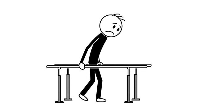 Stickman with a Sad Expression Walking Along Parallel Bars in a Rehabilitation Setting with White Background and Simple Illustration Style