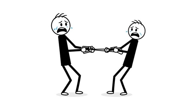Two Black Stick Figures In A Tug Of War Game Crying On A White Background Isolated Cartoon Animation