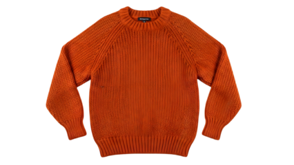 Vibrant orange knit sweater with ribbed texture and crew neck isolated on transparent background