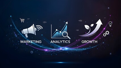A futuristic digital illustration showing marketing analytics, data visualization, and business growth icons, symbolizing strategy, performance analysis, and innovation.