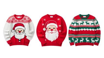 Three festive christmas sweaters with santa claus and holiday patterns on transparent background