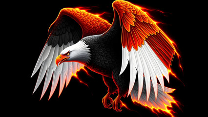 Majestic eagle in flight with fiery wings spread wide dramatically. A powerful eagle soars through the air with wings ablaze, symbolizing freedom and strength with isolated on black background.