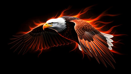 Majestic eagle in flight with fiery wings spread wide dramatically. A powerful eagle soars through the air with wings ablaze, symbolizing freedom and strength with isolated on black background.
