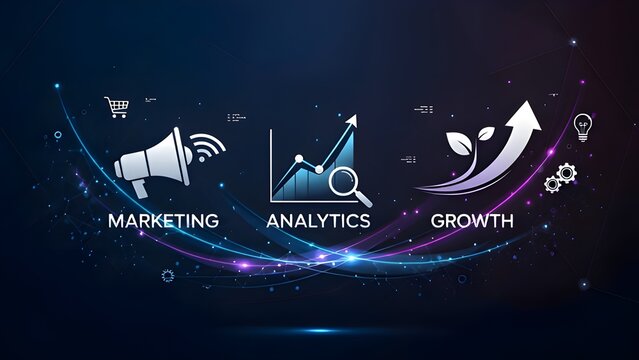 A futuristic digital illustration showing marketing analytics, data visualization, and business growth icons, symbolizing strategy, performance analysis, and innovation. - Powered by Adobe
