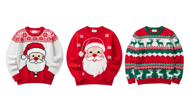 Three festive christmas sweaters with santa claus and holiday patterns on transparent background - Powered by Adobe