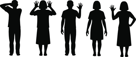 Silhouettes of people with hand gestures, expressive poses, communication theme, body language illustration, gesture study, human posture design © Sammi
