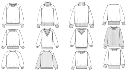 Collection of various sweater designs and patterns in a technical drawing style isolated on transparent background