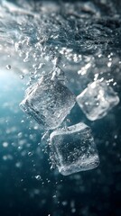 Obraz premium Ice Cubes Submerged in Water Creating Bubbles and Surface Ripples