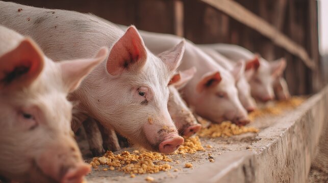 Close-up of several pink pigs eating from a concrete trough, likely on a farm. The animals are grouped together