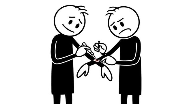 Two Stickman Figures One Smiling Helping The Other Injured Stickman Bandaging Arm With Red Blood Drop Isolated White Background Simple Cartoon Style