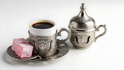 Elegant traditional coffee set featuring a white cup in a silver holder with matching sugar bowl and sweets.