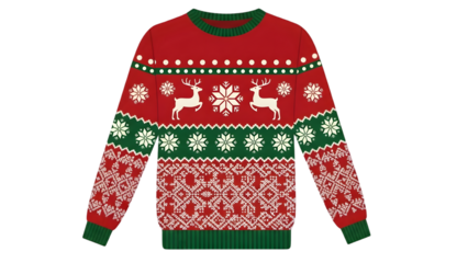 A red and green christmas sweater with white reindeer and snowflakes isolated on transparent background
