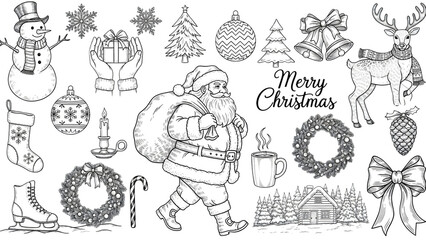 Black and white christmas illustrations including santa claus, snowman, reindeer, and festive decorations isolated on transparent background
