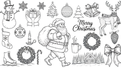Black and white christmas illustrations including santa claus, snowman, reindeer, and festive decorations isolated on transparent background