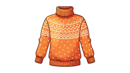 Vibrant orange turtleneck sweater with white snowflake pattern on front isolated on transparent background