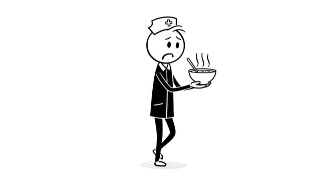 Worried Stickman Doctor Holds Steaming Bowl of Soup Isolated on White Background Vector Animation