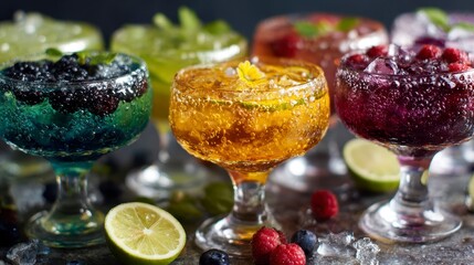 Assortment of vibrant, sparkling cocktails in stemmed glasses, garnished with fresh fruits and herbs, with ice