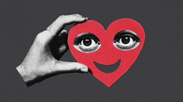 A surreal vintage collage of a halftone black and white hand offering a red heart with human eyes and a smiling face, blending pop art and retro dada style in a minimalist composition.