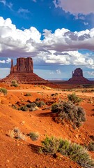 Scenic desert vista with towering mesas under a cloudy sky in a red-hued arid landscape
