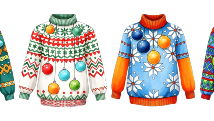 Collection of colorful christmas sweaters with festive holiday patterns and ornaments isolated on transparent background for seasonal fun and decoration