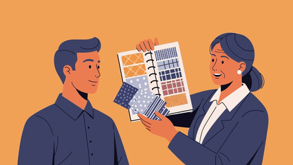 Interior designer presenting fabric swatches to a client for a home renovation project with a modern aesthetic and collaborative design process