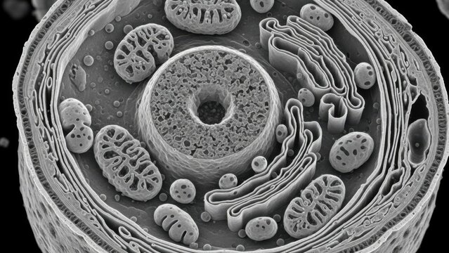 Intricate microscopic view revealing the complex internal structure of a eukaryotic cell organism