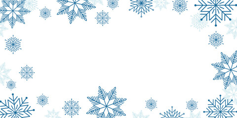 Blue snowflake pattern banner; Winter border background; Minimalist line art vector illustration for holiday greeting