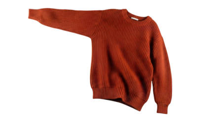 Rust colored knit sweater with long sleeves isolated on transparent background
