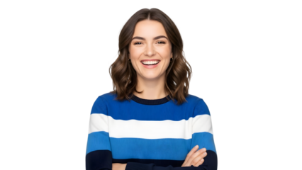 Young woman wearing blue and white striped sweater isolated on transparent background smiling at camera