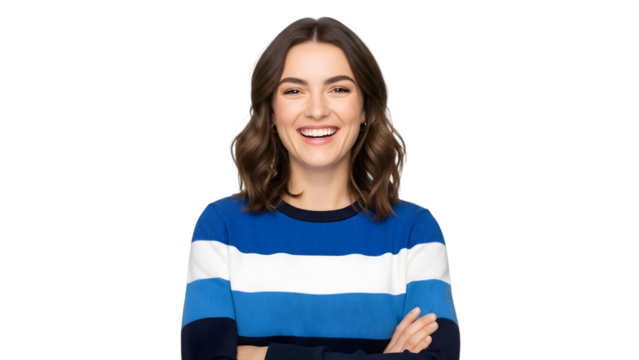 Young woman wearing blue and white striped sweater isolated on transparent background smiling at camera - Powered by Adobe