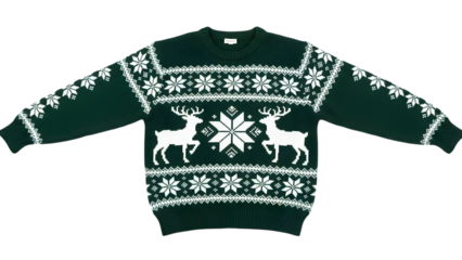 Dark green christmas sweater with white reindeer and snowflake pattern isolated on transparent background