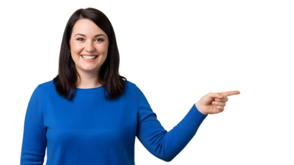 Smiling woman in blue sweater pointing to the side isolated on transparent background with a friendly gesture