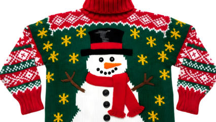 A festive holiday sweater featuring a cheerful snowman design on a green background with colorful snowflakes and patterns isolated on transparent background