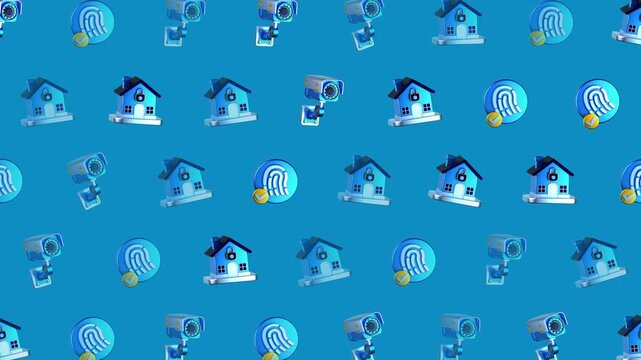 Blue background with repeating house camera and security icons. Suitable for security system websites, home monitoring services, and tech businesses.
