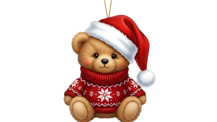 A brown teddy bear wearing a red santa hat and a red christmas sweater with white snowflakes isolated on transparent background