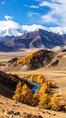 Autumnal landscape with a winding turquoise river, golden trees, and distant snow-capped mountains under a blue sky