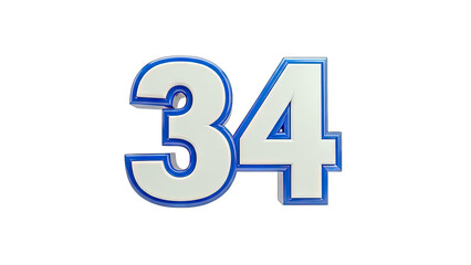 3D Number 34 with Blue Outline on White Background