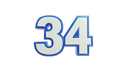 3D Number 34 with Blue Outline on White Background