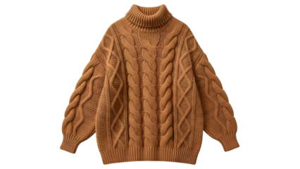 Brown cable knit sweater with turtleneck isolated on transparent background