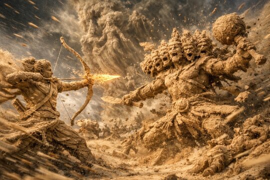 Epic Battle: Ram shoots fiery arrow at multi-headed Ravana made of sand