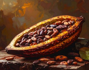 Cut cocoa pod with beans spills onto table against a painterly, abstract, warm-toned background
