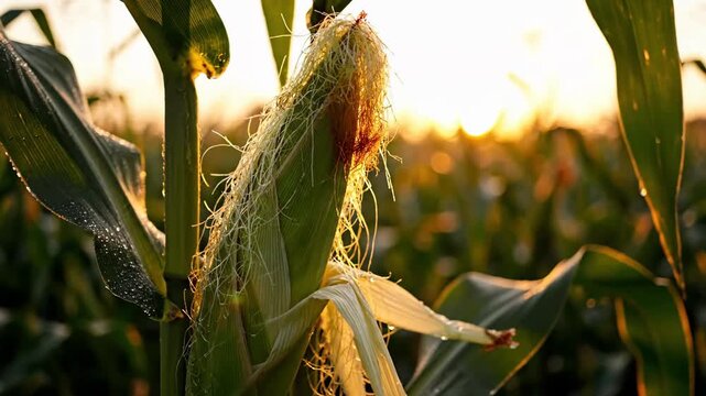 Close-up of corn silk on mature maize stalks illuminated by early morning