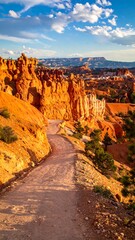 Scenic view of a dirt path winding through vibrant orange rock formations under a partly cloudy blue sky